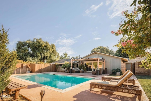 3041 Fairlea Rd, Santa Ynez, CA 93460 - view of swimming pool featuring an outdoor living space, a pergola, a fenced backyard, and a patio