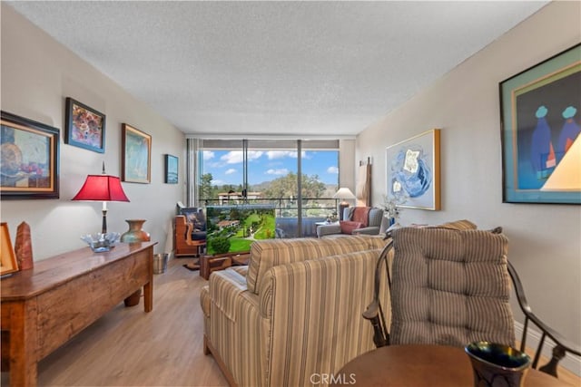 24055 W Paseo Del Lago Unit 753, Laguna Woods, CA 92637 - living room featuring light wood-style flooring, a textured ceiling, and floor to ceiling windows