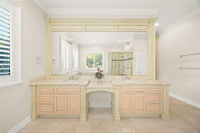 2832 Oak Knoll Dr, Diamond Bar, CA 91765 - full bath with double vanity, a shower stall, and ornamental molding