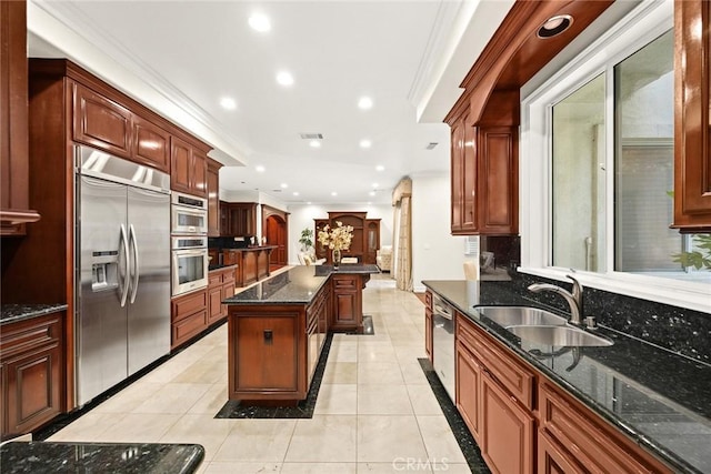 2832 Oak Knoll Dr, Diamond Bar, CA 91765 - kitchen with stainless steel appliances, crown molding, recessed lighting, backsplash, and a center island