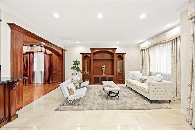 2832 Oak Knoll Dr, Diamond Bar, CA 91765 - living area featuring recessed lighting, light tile patterned flooring, and ornamental molding