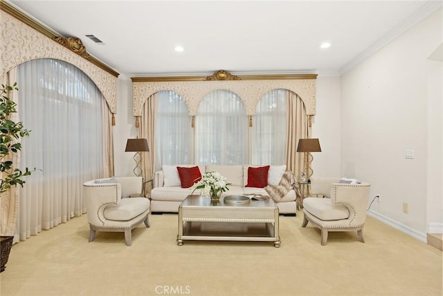 2832 Oak Knoll Dr, Diamond Bar, CA 91765 - carpeted living room featuring ornamental molding, wallpapered walls, and recessed lighting