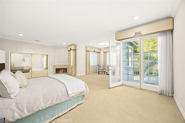 2832 Oak Knoll Dr, Diamond Bar, CA 91765 - carpeted bedroom with access to outside, a warm lit fireplace, a closet, and recessed lighting