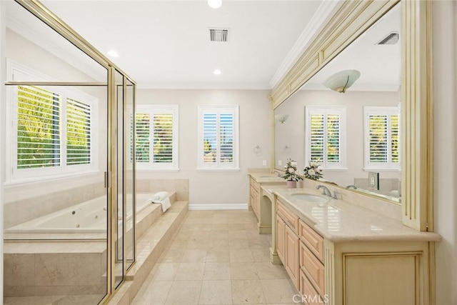 2832 Oak Knoll Dr, Diamond Bar, CA 91765 - bathroom with double vanity, a tub with jets, healthy amount of natural light, ornamental molding, and a shower with shower door