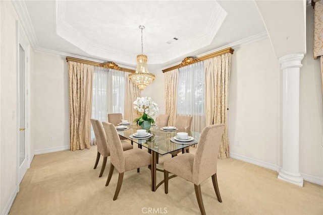 2832 Oak Knoll Dr, Diamond Bar, CA 91765 - dining space featuring light colored carpet, decorative columns, ornamental molding, and a raised ceiling