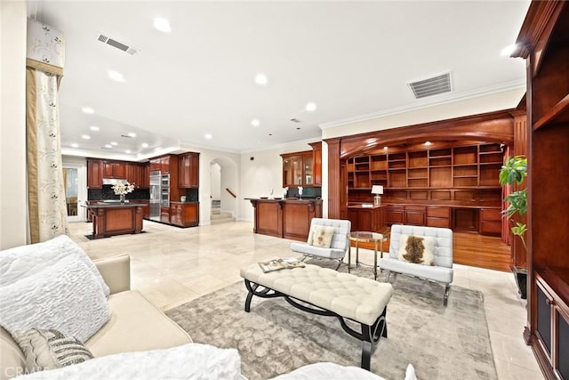 2832 Oak Knoll Dr, Diamond Bar, CA 91765 - living area featuring arched walkways, crown molding, recessed lighting, and light tile patterned flooring