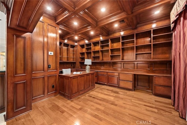 2832 Oak Knoll Dr, Diamond Bar, CA 91765 - unfurnished office featuring built in study area, a wooden ceiling with exposed beams, recessed lighting, built in shelves, and light wood-type flooring