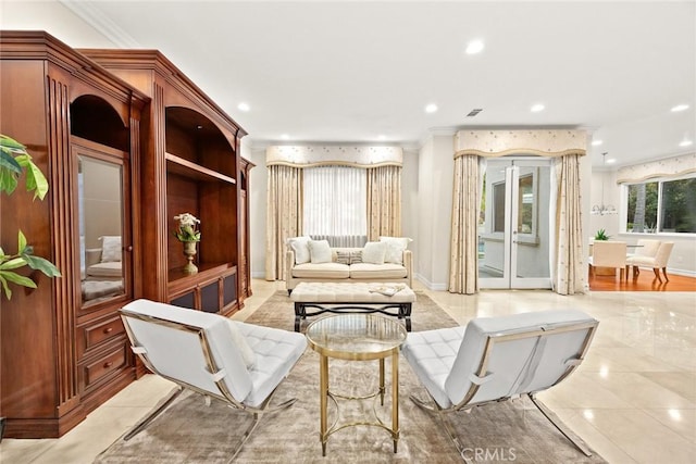 2832 Oak Knoll Dr, Diamond Bar, CA 91765 - living room featuring recessed lighting, light tile patterned floors, and ornamental molding