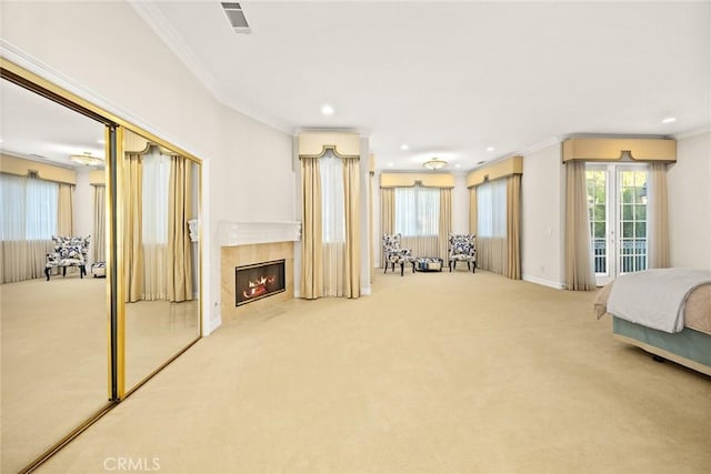 2832 Oak Knoll Dr, Diamond Bar, CA 91765 - bedroom featuring carpet flooring, multiple windows, ornamental molding, recessed lighting, and a premium fireplace