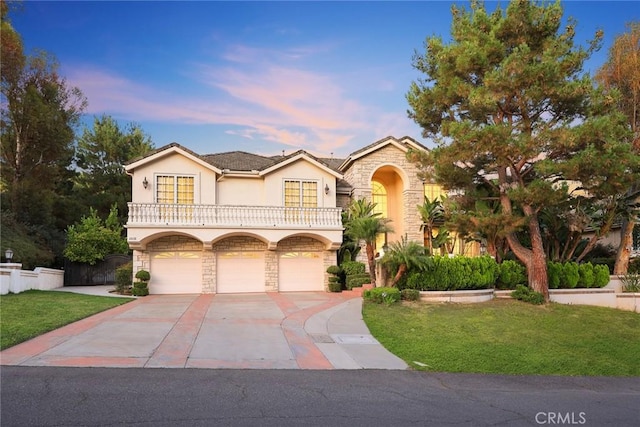 2832 Oak Knoll Dr, Diamond Bar, CA 91765 - view of front of house with stone siding, a balcony, stucco siding, and a front lawn