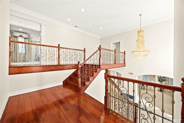 2832 Oak Knoll Dr, Diamond Bar, CA 91765 - stairs featuring wood finished floors, a chandelier, recessed lighting, and ornamental molding