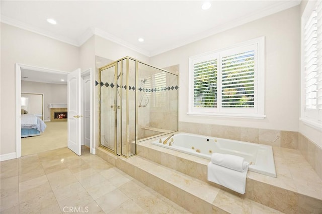 2832 Oak Knoll Dr, Diamond Bar, CA 91765 - full bath with a tub with jets, a shower stall, recessed lighting, crown molding, and ensuite bath
