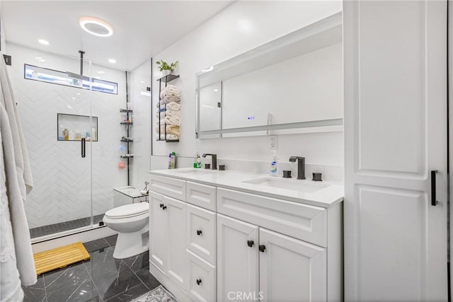 25211 Dana Ln, Moreno Valley, CA 92551 - full bathroom with marble look tile flooring, double vanity, and a stall shower