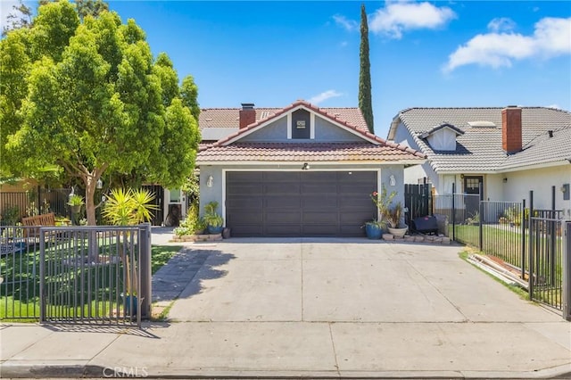 25211 Dana Ln, Moreno Valley, CA 92551 - view of front facade featuring stucco siding, a garage, a tiled roof, driveway, and a chimney
