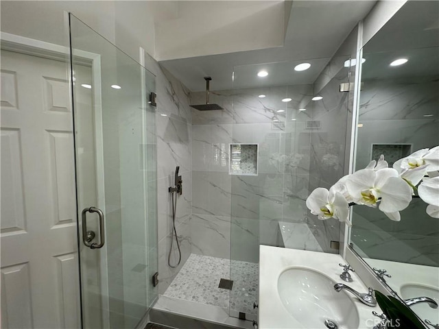 27721 Rubidoux, Mission Viejo, CA 92692 - bathroom with a marble finish shower, recessed lighting, and vanity