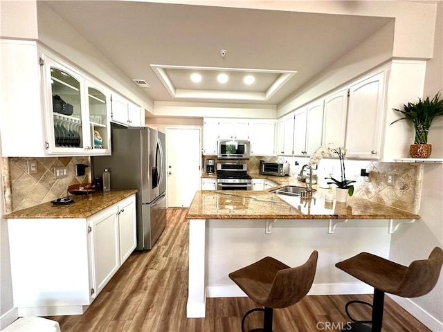 27721 Rubidoux, Mission Viejo, CA 92692 - kitchen with appliances with stainless steel finishes, a peninsula, a raised ceiling, wood finished floors, and glass insert cabinets