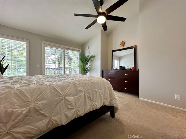 27721 Rubidoux, Mission Viejo, CA 92692 - bedroom with vaulted ceiling, access to exterior, light carpet, and a ceiling fan