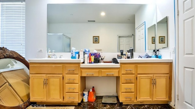 2056 Mission Hills Dr, Oxnard, CA 93036 - full bathroom with double vanity, a shower stall, and marble look tile flooring