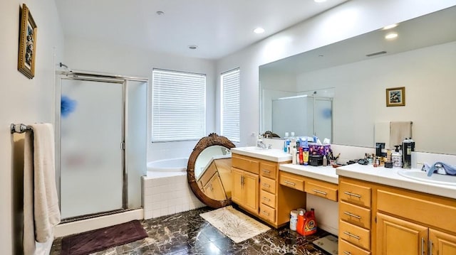 2056 Mission Hills Dr, Oxnard, CA 93036 - full bathroom featuring double vanity, a stall shower, a garden tub, marble finish flooring, and recessed lighting