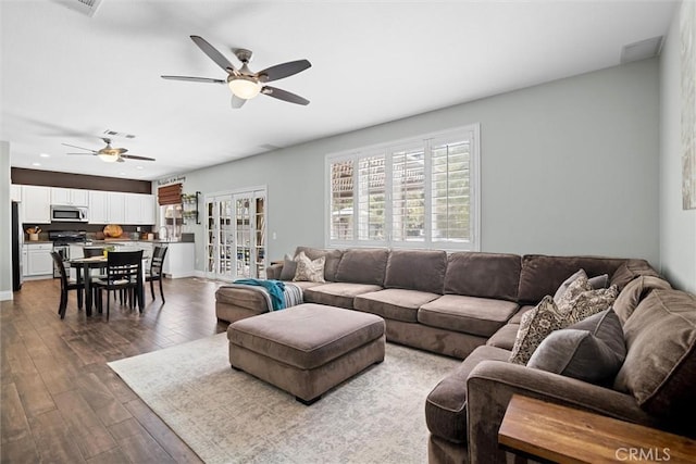 775 Via Blairo, Corona, CA 92879 - living room featuring dark wood-style flooring, ceiling fan, and recessed lighting