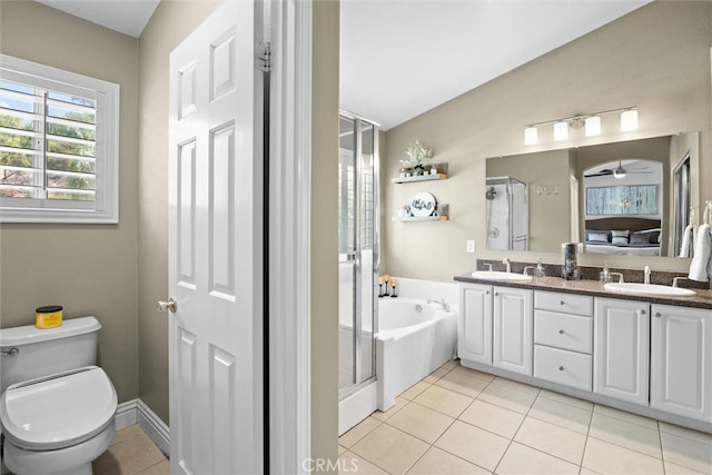 775 Via Blairo, Corona, CA 92879 - full bathroom with double vanity, a shower stall, a bath, tile patterned floors, and ceiling fan