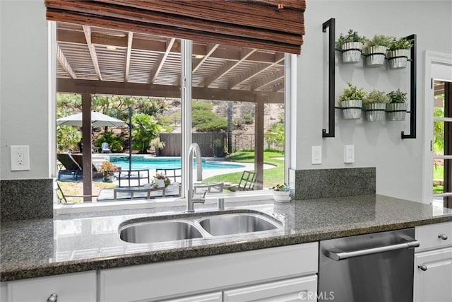 775 Via Blairo, Corona, CA 92879 - kitchen with stainless steel dishwasher, white cabinetry, and dark stone countertops