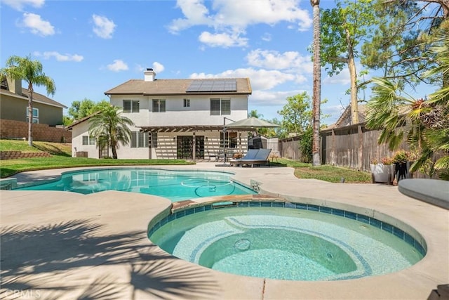 775 Via Blairo, Corona, CA 92879 - view of pool featuring a fenced backyard, a pool with connected hot tub, a pergola, and a patio