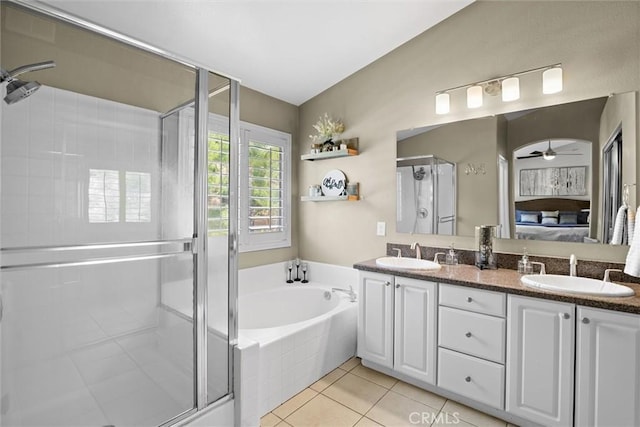 775 Via Blairo, Corona, CA 92879 - full bathroom with a stall shower, double vanity, a garden tub, ensuite bath, and ceiling fan