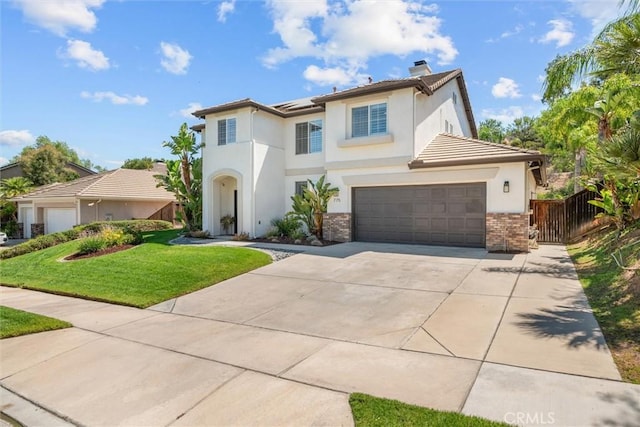 775 Via Blairo, Corona, CA 92879 - mediterranean / spanish-style home featuring solar panels, a chimney, concrete driveway, and stucco siding