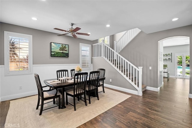 775 Via Blairo, Corona, CA 92879 - dining area with arched walkways, wood finished floors, a ceiling fan, stairway, and recessed lighting