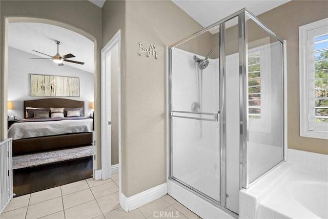 775 Via Blairo, Corona, CA 92879 - ensuite bathroom with a stall shower, tile patterned floors, a ceiling fan, a garden tub, and vaulted ceiling