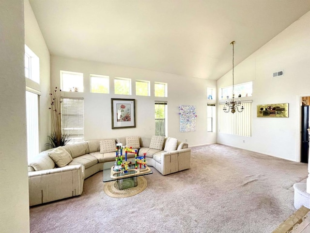 659 Rosita Ct, Chula Vista, CA 91910 - carpeted living area featuring high vaulted ceiling and a chandelier
