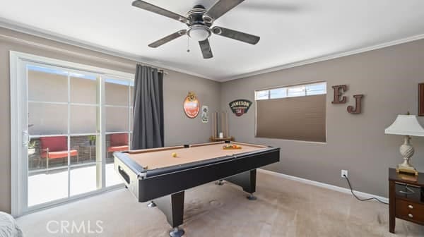 1724 S Vecino Ave, Glendora, CA 91740 - game room with carpet flooring, pool table, a ceiling fan, and crown molding