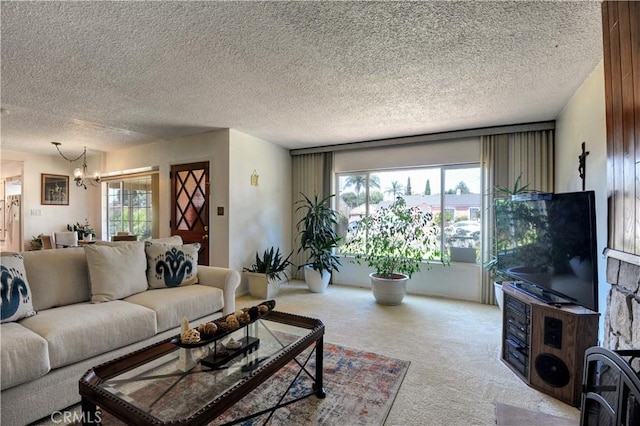 12108 Muriel Dr, Lynwood, CA 90262 - carpeted living room with a chandelier and a textured ceiling