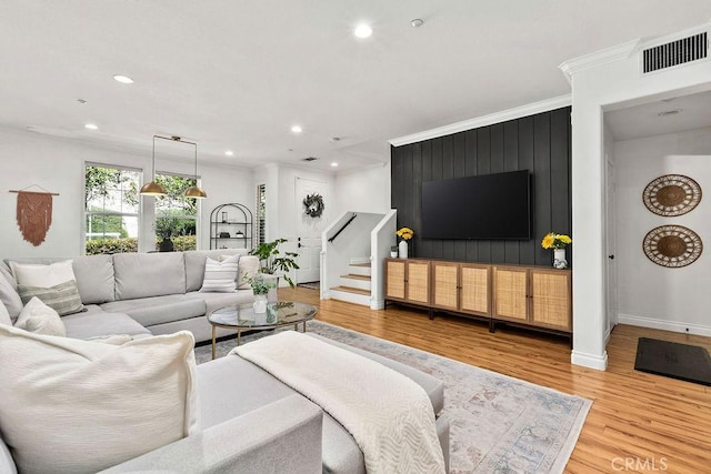5 Duxbury St, Ladera Ranch, CA 92694 - living room featuring recessed lighting, crown molding, wood finished floors, and stairway