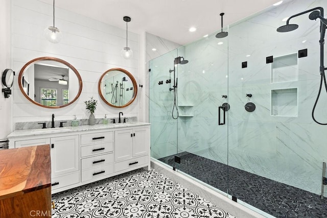 5 Duxbury St, Ladera Ranch, CA 92694 - bathroom featuring a marble finish shower, double vanity, and tile patterned floors