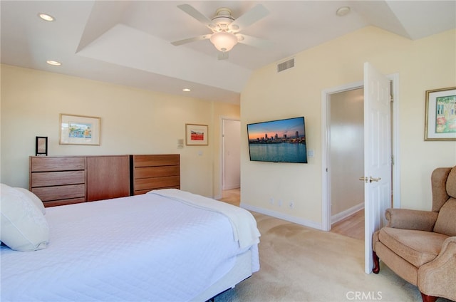1251 Hackett Ave, Long Beach, CA 90815 - bedroom with light colored carpet, recessed lighting, a ceiling fan, and lofted ceiling