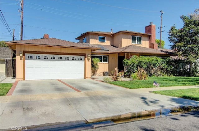 1251 Hackett Ave, Long Beach, CA 90815 - view of front facade featuring a chimney, a garage, driveway, a front yard, and roof with shingles