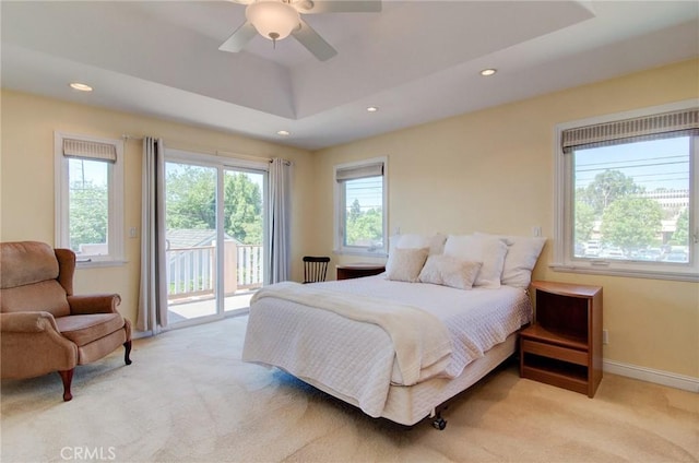 1251 Hackett Ave, Long Beach, CA 90815 - bedroom with access to outside, light carpet, recessed lighting, ceiling fan, and a tray ceiling