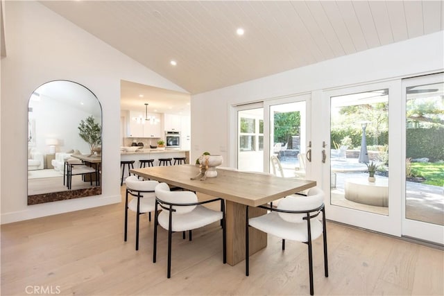 19281 Sierra Inez Rd, Irvine, CA 92603 - dining area featuring light wood-type flooring, vaulted ceiling, recessed lighting, wooden ceiling, and a chandelier