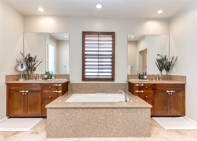 440 N Santa Maria St, Anaheim, CA 92801 - full bath featuring tile patterned flooring, two vanities, a bath, and recessed lighting