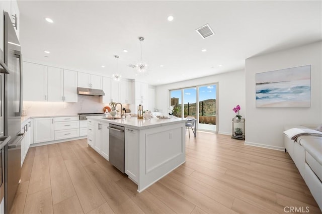 246 Canterbury, Irvine, CA 92618 - kitchen featuring appliances with stainless steel finishes, under cabinet range hood, light wood-type flooring, white cabinetry, and recessed lighting
