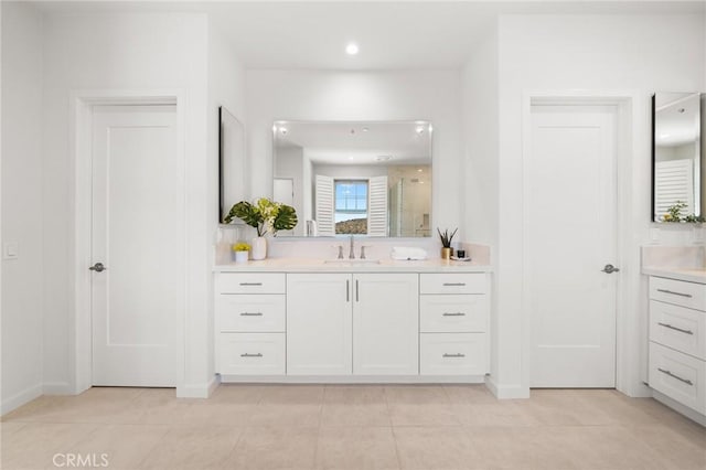 246 Canterbury, Irvine, CA 92618 - full bathroom with vanity, tile patterned flooring, a shower stall, and recessed lighting