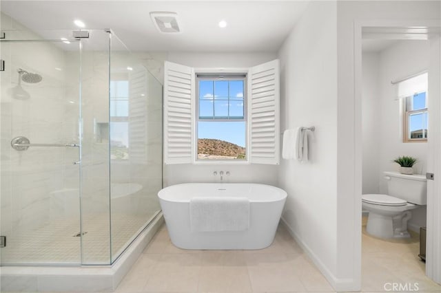 246 Canterbury, Irvine, CA 92618 - full bathroom with a freestanding bath, a stall shower, tile patterned floors, and recessed lighting