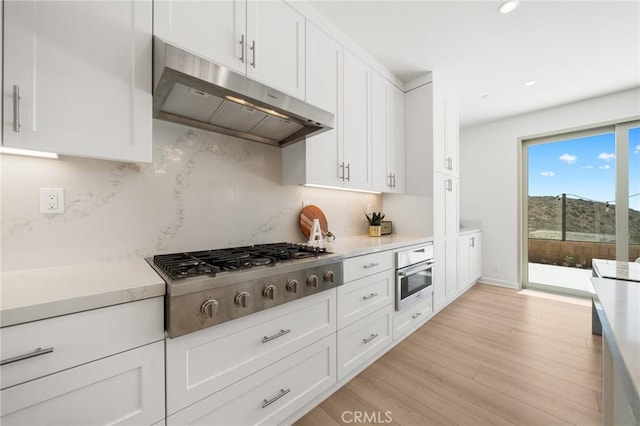 246 Canterbury, Irvine, CA 92618 - kitchen featuring range hood, stainless steel appliances, tasteful backsplash, light wood-style flooring, and white cabinets