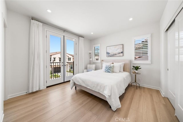 246 Canterbury, Irvine, CA 92618 - bedroom with access to exterior, french doors, light wood-style flooring, and recessed lighting