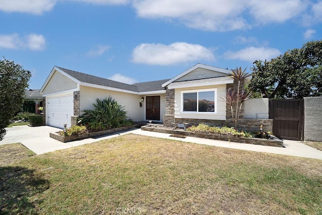 11302 Cheddar St, Norwalk, CA 90650 - ranch-style house with a garage, a front lawn, concrete driveway, and stone siding