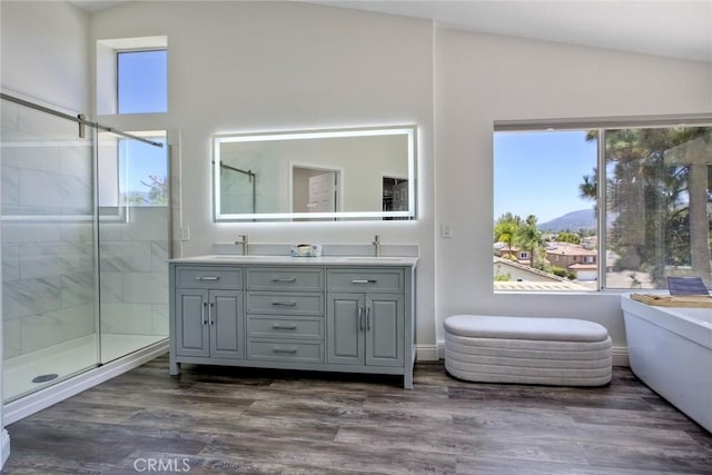 32197 Callesito Fadrique, Temecula, CA 92592 - full bath featuring lofted ceiling, healthy amount of natural light, double vanity, a stall shower, and a mountain view