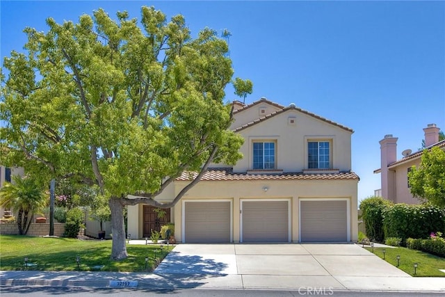 32197 Callesito Fadrique, Temecula, CA 92592 - mediterranean / spanish house featuring a tile roof, concrete driveway, stucco siding, and a garage