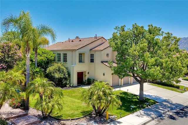 32197 Callesito Fadrique, Temecula, CA 92592 - mediterranean / spanish-style house featuring a tile roof, concrete driveway, a garage, stucco siding, and a chimney